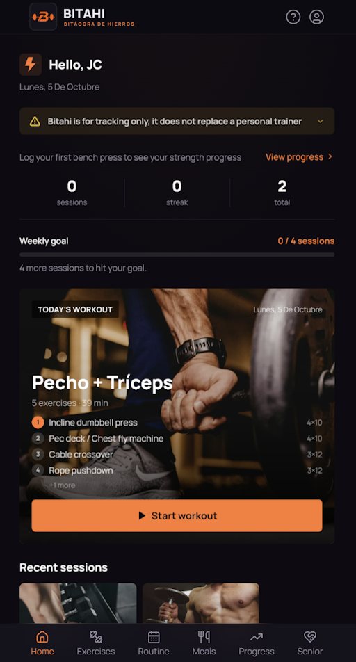 Pantalla de inicio de Bitahi con el entrenamiento del día, Pecho + Tríceps, y el objetivo semanal