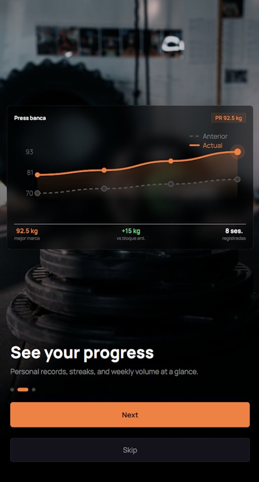 Gráfica de progreso en press banca con un récord personal de 92,5 kg